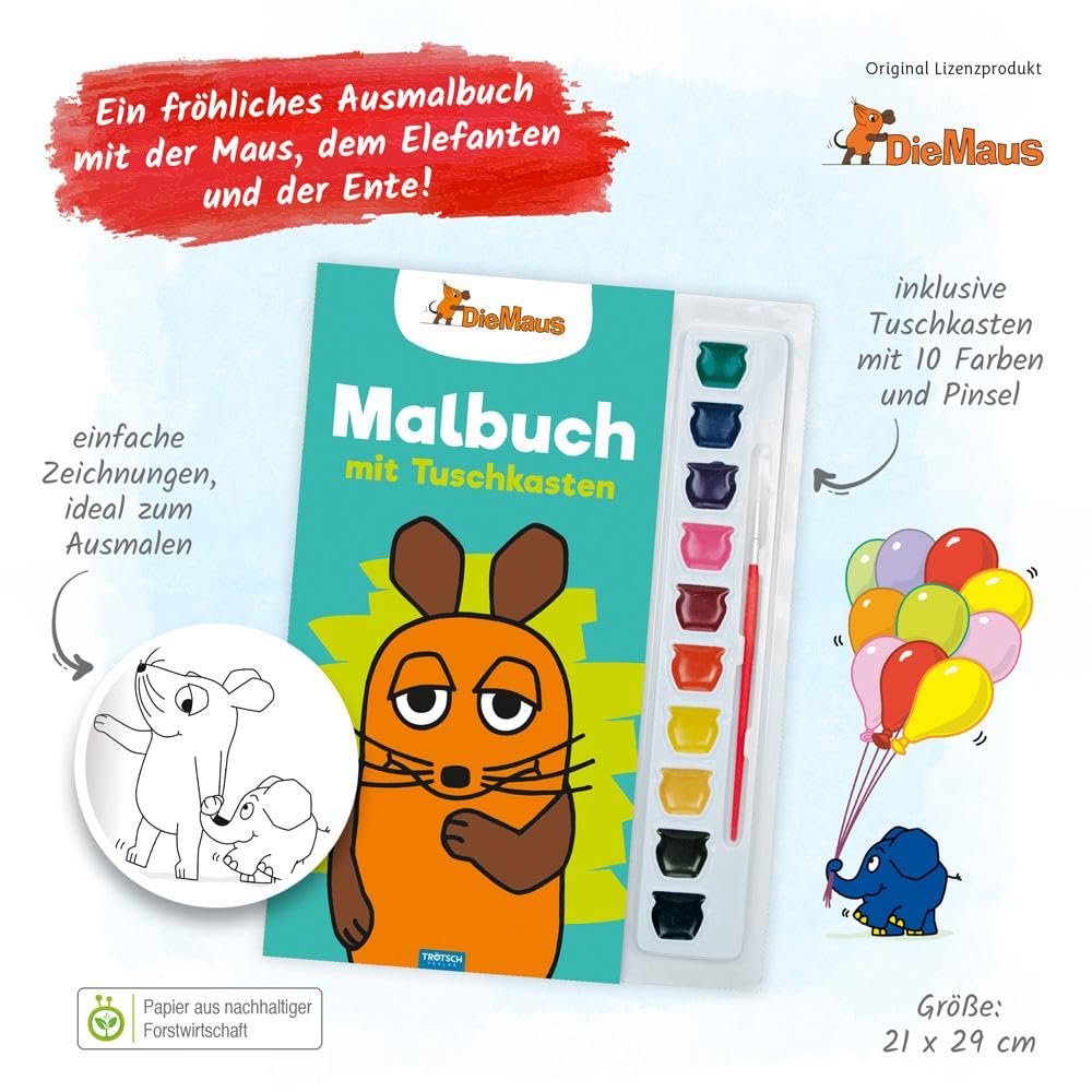 Trötsch Die Maus Malbuch mit Tuschkasten und Pinsel: Beschäftgungsbuch Ausmalbuch